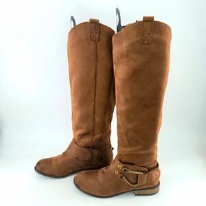 Mossimo Kamari Brown Faux Suede Knee High Riding Pull-On Boots w/ Harness Buckle